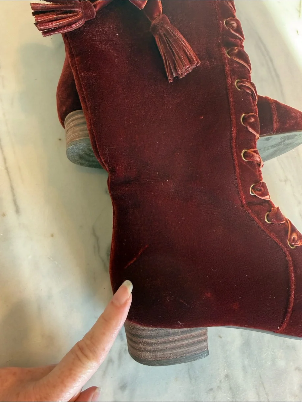 Joyfolie Burgundy Velvet Lace-Up Boots with Tassel
